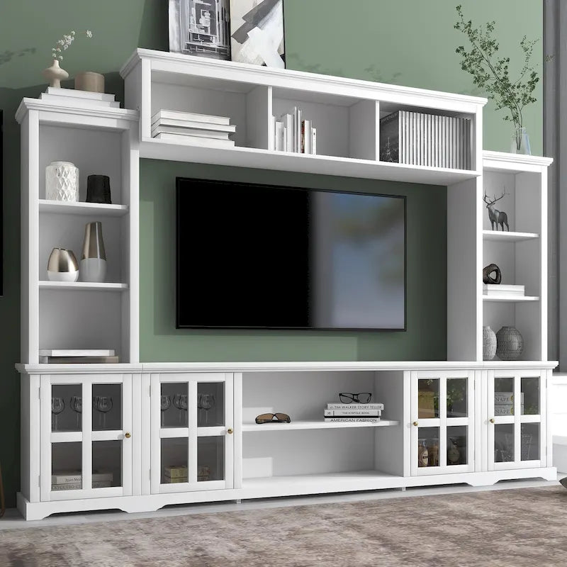Mueble de TV de pared moderno blanco con cristal templado, apto para televisores de hasta 70", capacidad para 3 personas