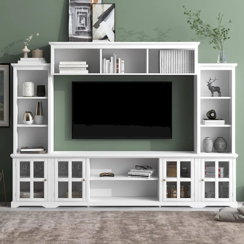 Mueble de TV de pared moderno blanco con cristal templado, apto para televisores de hasta 70", capacidad para 3 personas