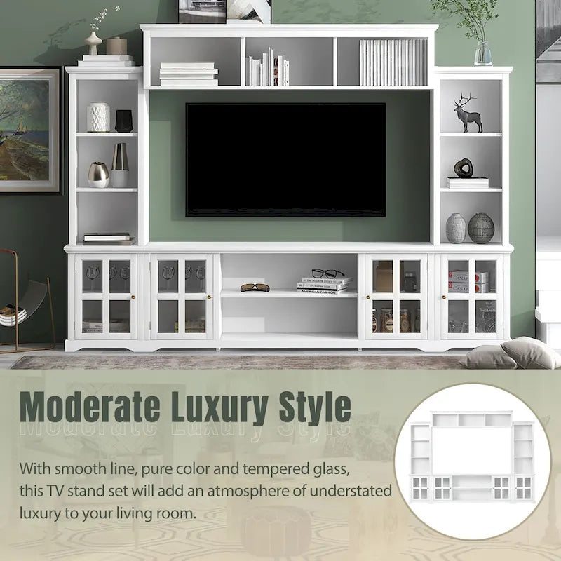 Mueble de TV de pared moderno blanco con cristal templado, apto para televisores de hasta 70", capacidad para 3 personas