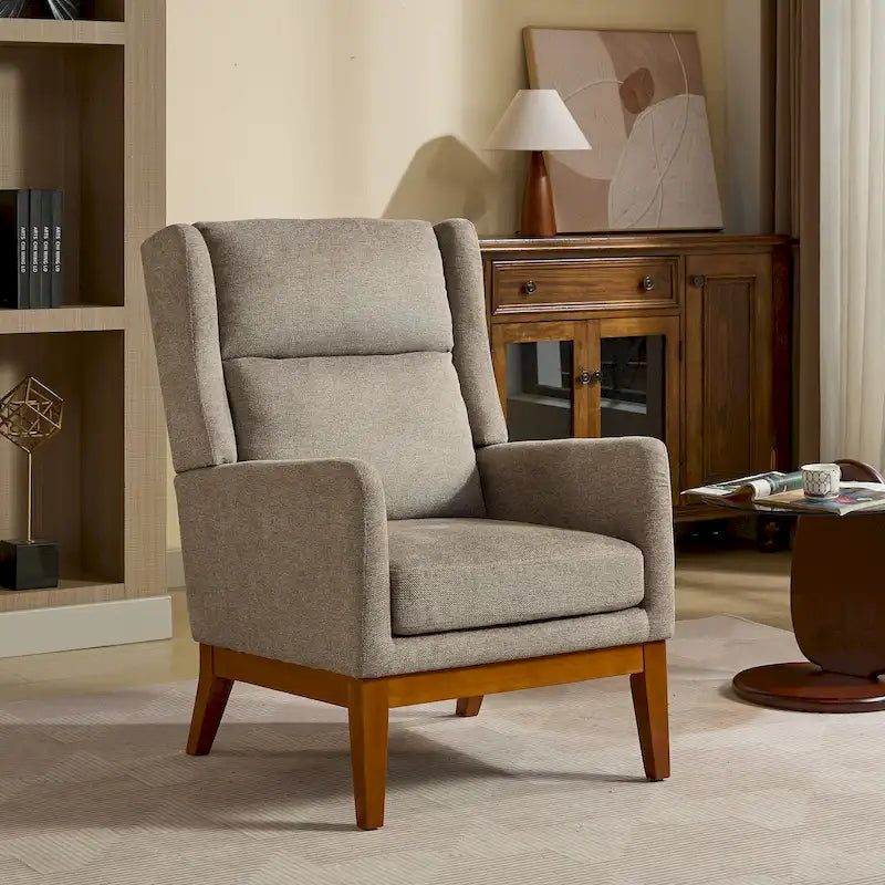 Sillón decorativo color gris topo con orejeras, sillón tapizado con respaldo alto, asiento individual