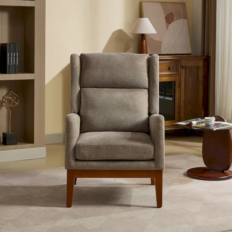 Sillón decorativo color gris topo con orejeras, sillón tapizado con respaldo alto, asiento individual