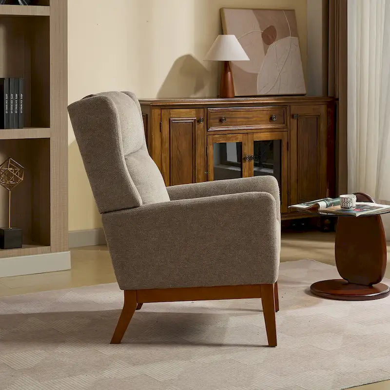 Sillón decorativo color gris topo con orejeras, sillón tapizado con respaldo alto, asiento individual