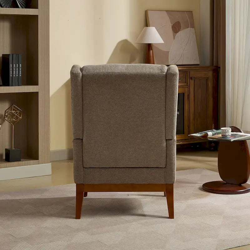 Sillón decorativo color gris topo con orejeras, sillón tapizado con respaldo alto, asiento individual