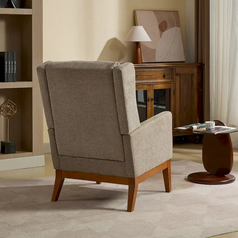 Sillón decorativo color gris topo con orejeras, sillón tapizado con respaldo alto, asiento individual