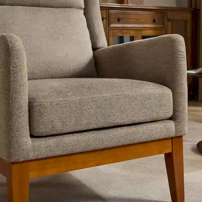 Sillón decorativo color gris topo con orejeras, sillón tapizado con respaldo alto, asiento individual