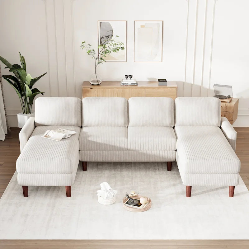 Sofá seccional de pana en forma de U, 4 plazas, beige/gris