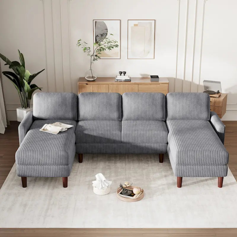 Sofá seccional de pana en forma de U, 4 plazas, beige/gris