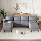 Sofá seccional de pana en forma de U, 4 plazas, beige/gris