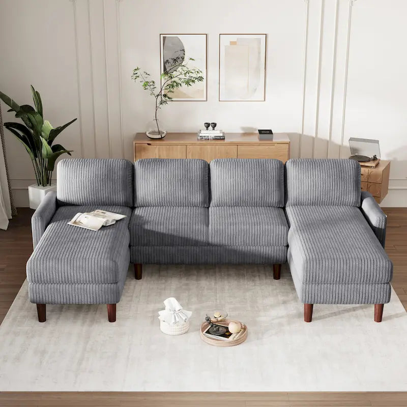 Sofá seccional de pana en forma de U, 4 plazas, beige/gris