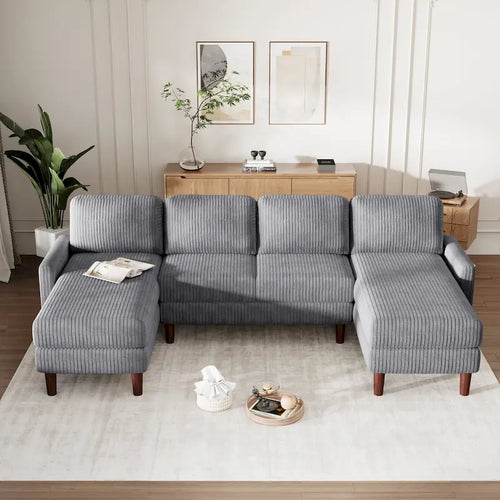 Sofá seccional de pana en forma de U, 4 plazas, beige/gris