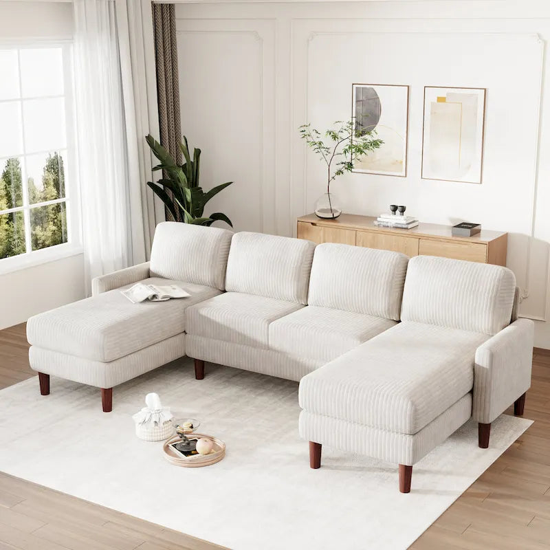 Sofá seccional de pana en forma de U, 4 plazas, beige/gris