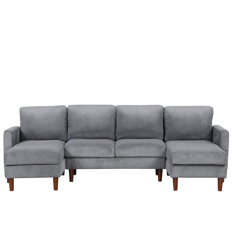 Sofá seccional de pana en forma de U, 4 plazas, beige/gris