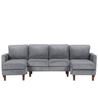 Sofá seccional de pana en forma de U, 4 plazas, beige/gris