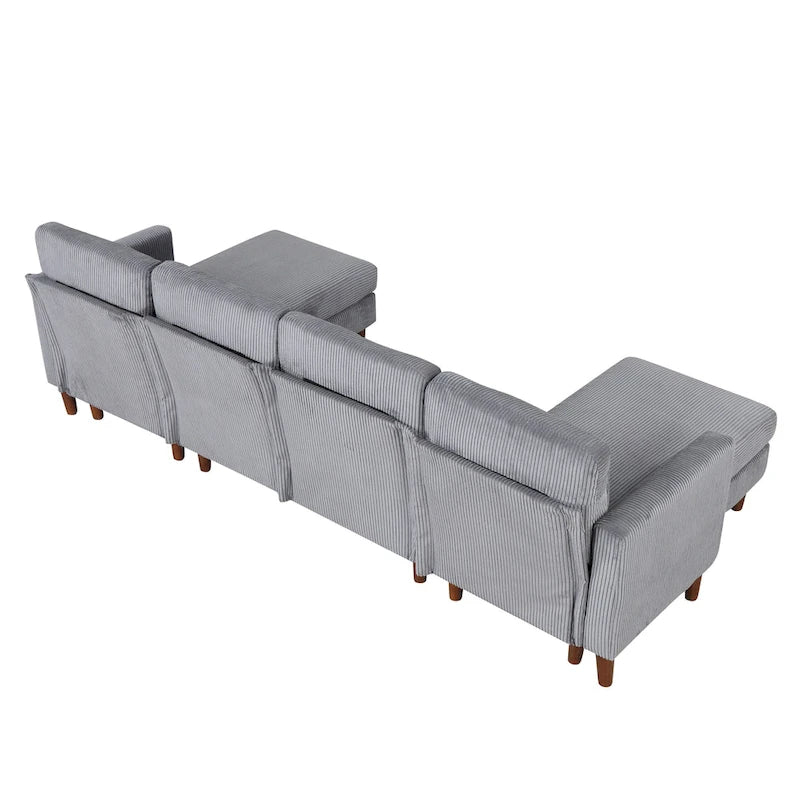 Sofá seccional de pana en forma de U, 4 plazas, beige/gris