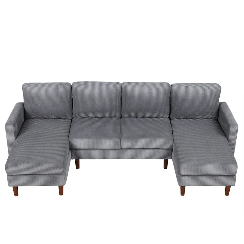 Sofá seccional de pana en forma de U, 4 plazas, beige/gris