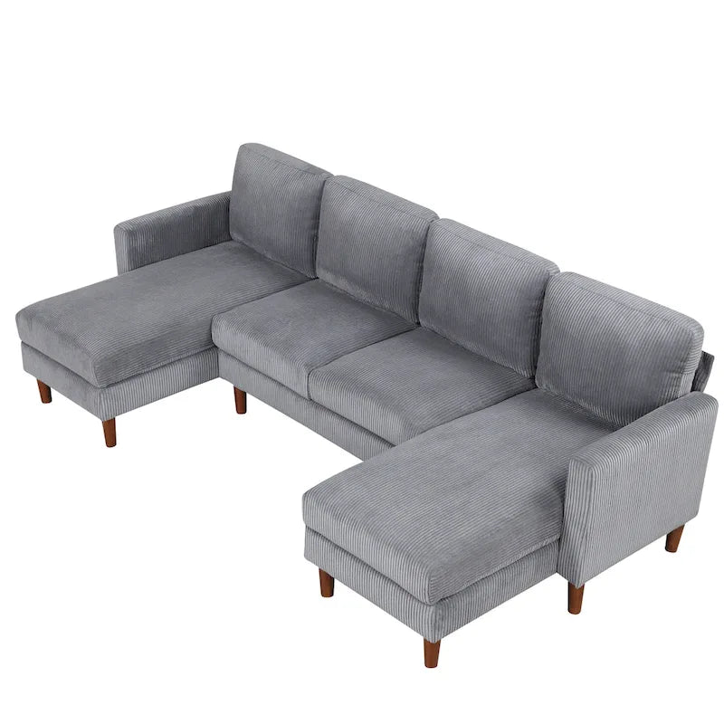 Sofá seccional de pana en forma de U, 4 plazas, beige/gris