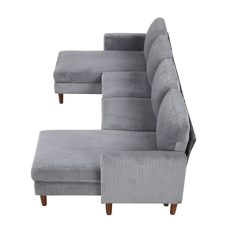 Sofá seccional de pana en forma de U, 4 plazas, beige/gris