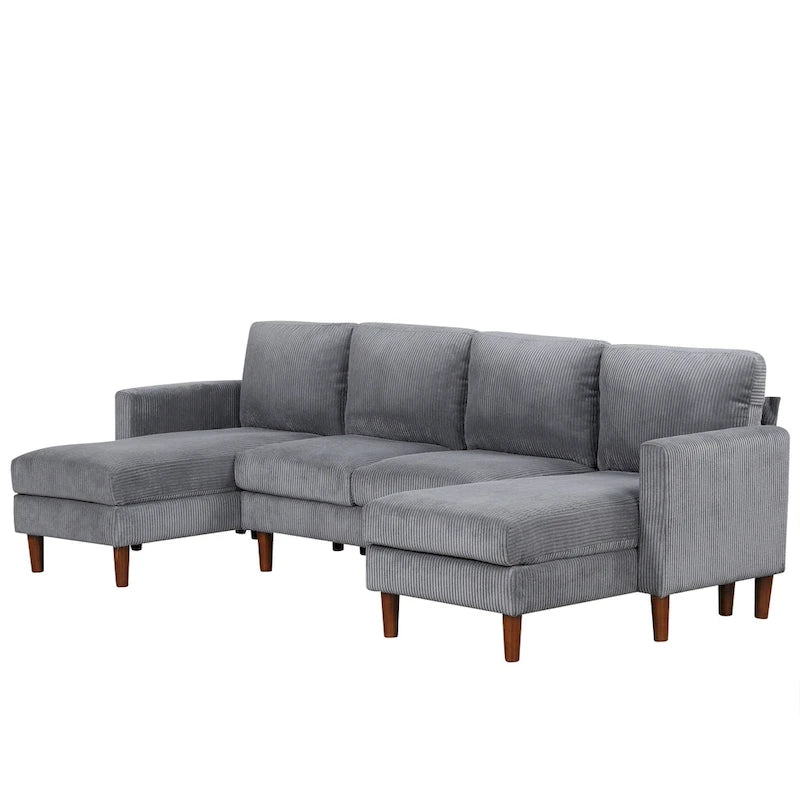 Sofá seccional de pana en forma de U, 4 plazas, beige/gris