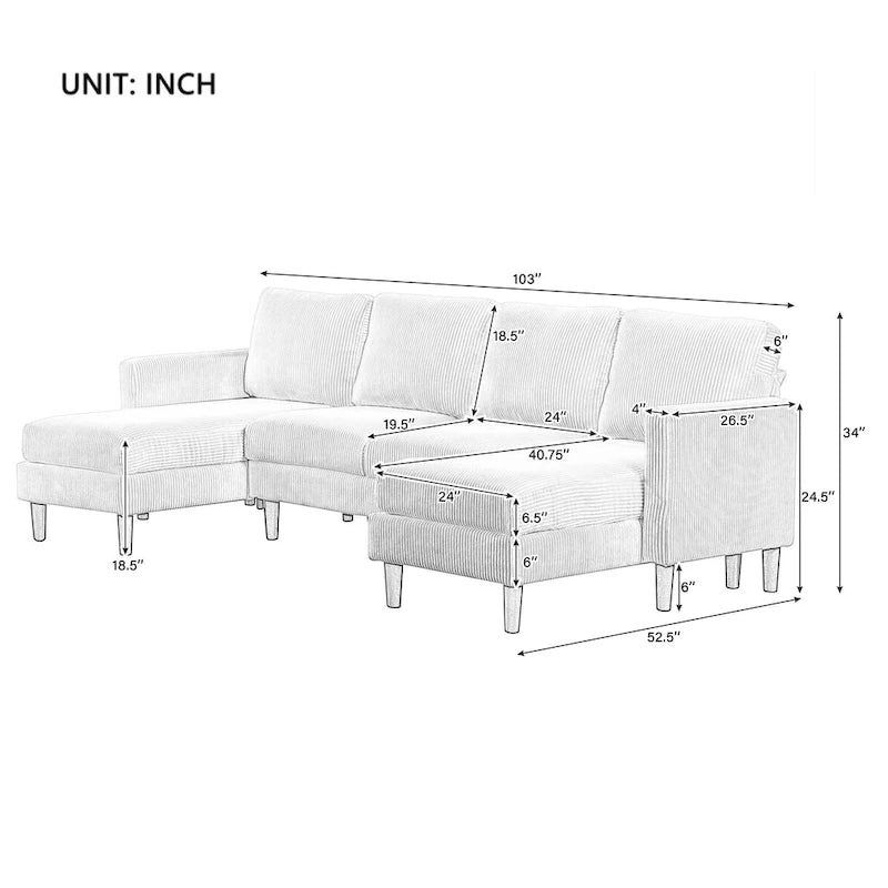 Sofá seccional de pana en forma de U, 4 plazas, beige/gris