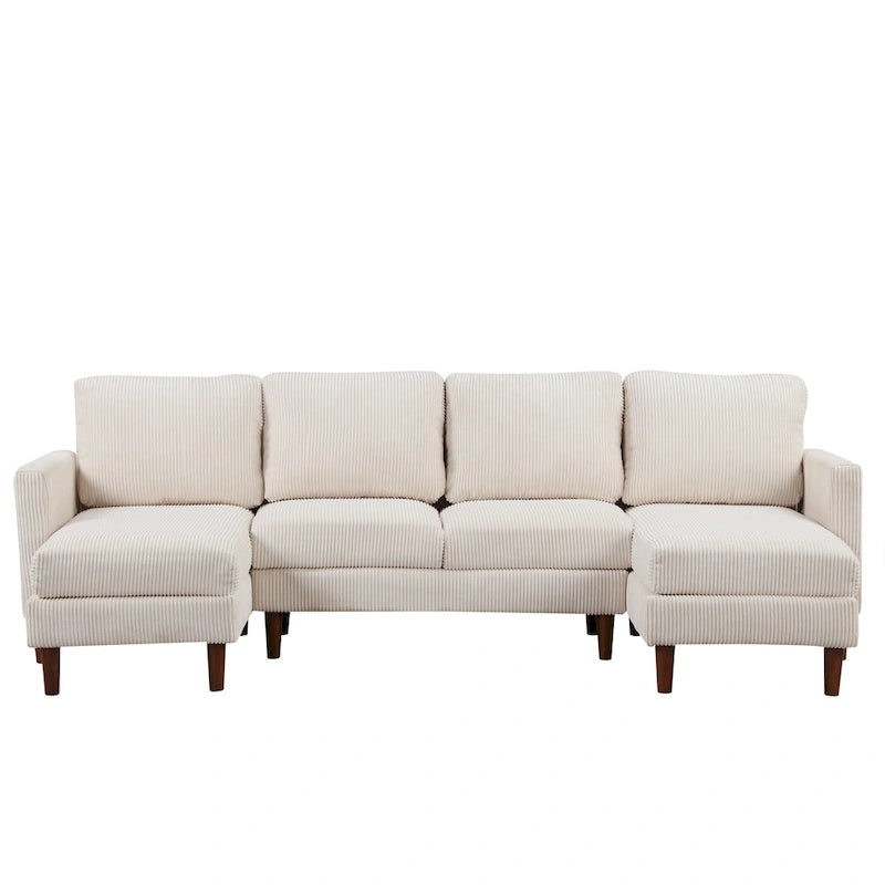 Sofá seccional de pana en forma de U, 4 plazas, beige/gris