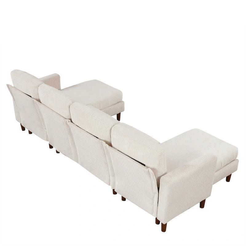 Sofá seccional de pana en forma de U, 4 plazas, beige/gris