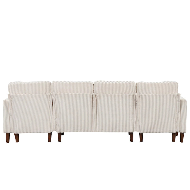 Sofá seccional de pana en forma de U, 4 plazas, beige/gris