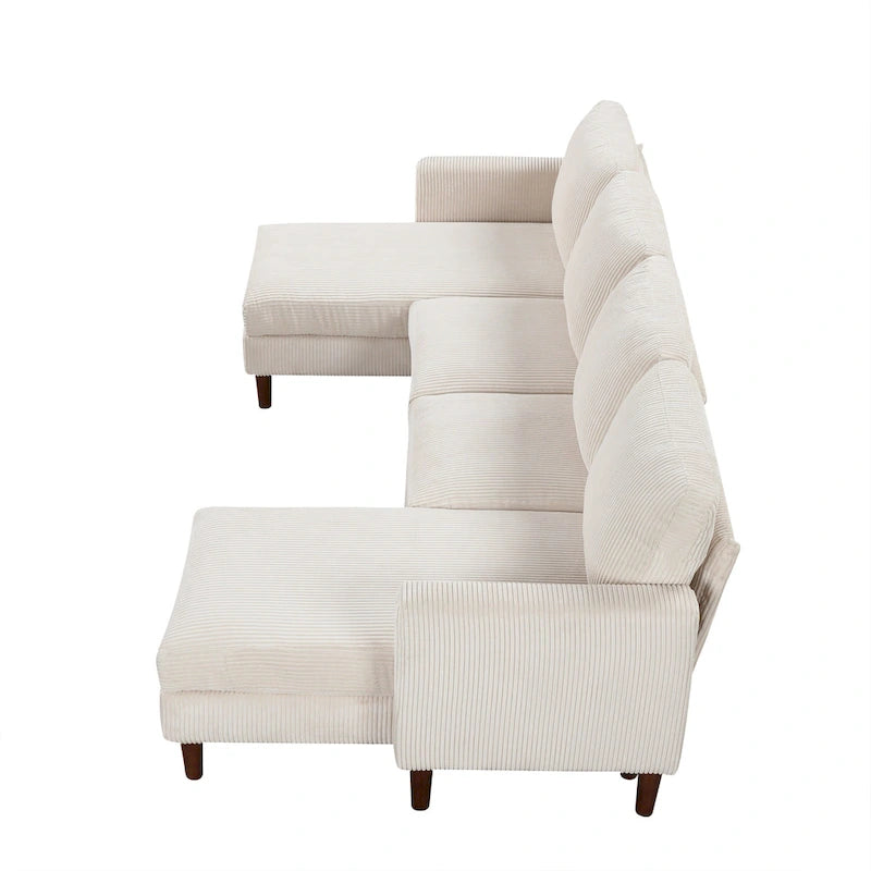 Sofá seccional de pana en forma de U, 4 plazas, beige/gris