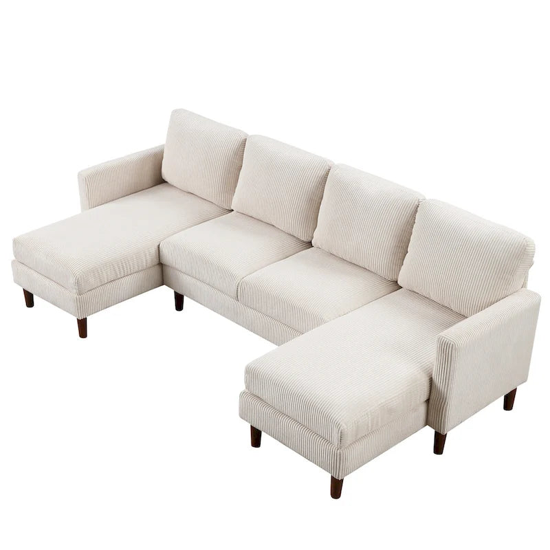 Sofá seccional de pana en forma de U, 4 plazas, beige/gris