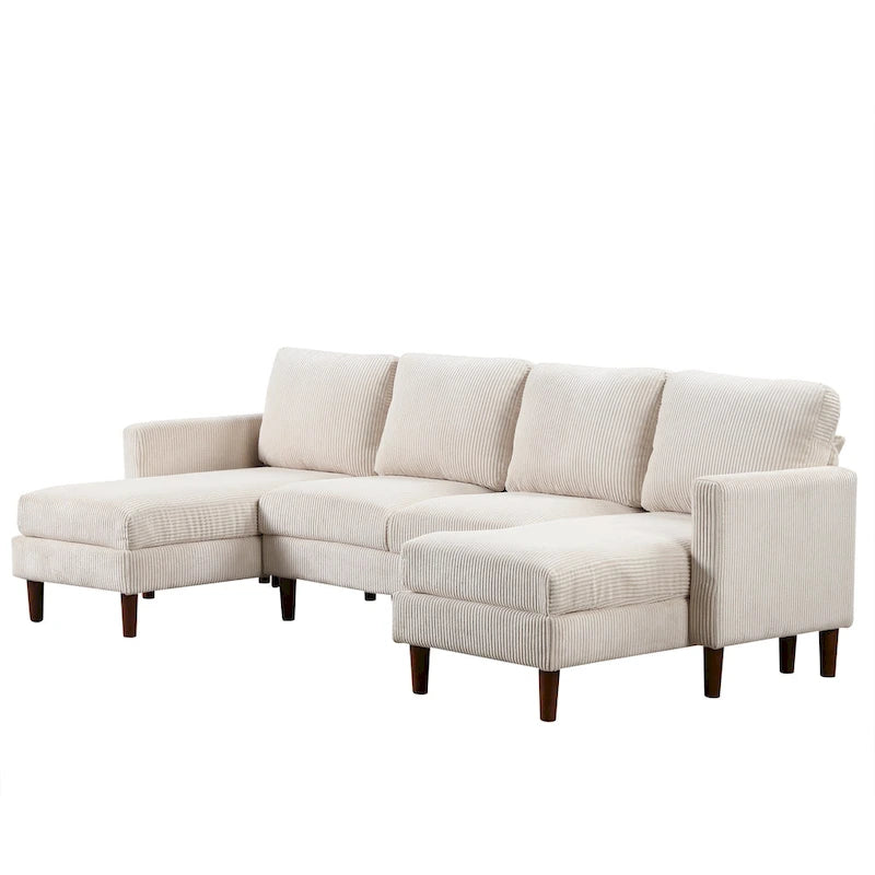 Sofá seccional de pana en forma de U, 4 plazas, beige/gris