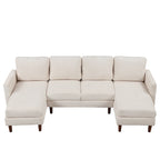 Sofá seccional de pana en forma de U, 4 plazas, beige/gris