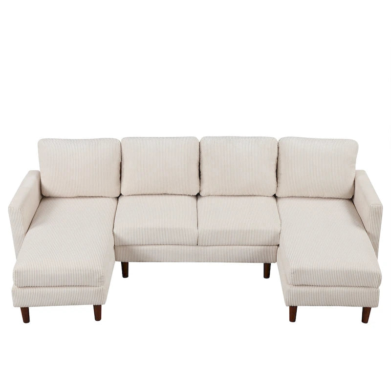 Sofá seccional de pana en forma de U, 4 plazas, beige/gris