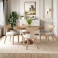 Juego de comedor redondo de 5 piezas de tela color beige natural y madera de caucho, para 4 personas