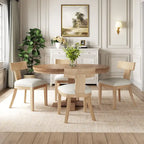 Juego de comedor redondo de 5 piezas de tela color beige natural y madera de caucho, para 4 personas