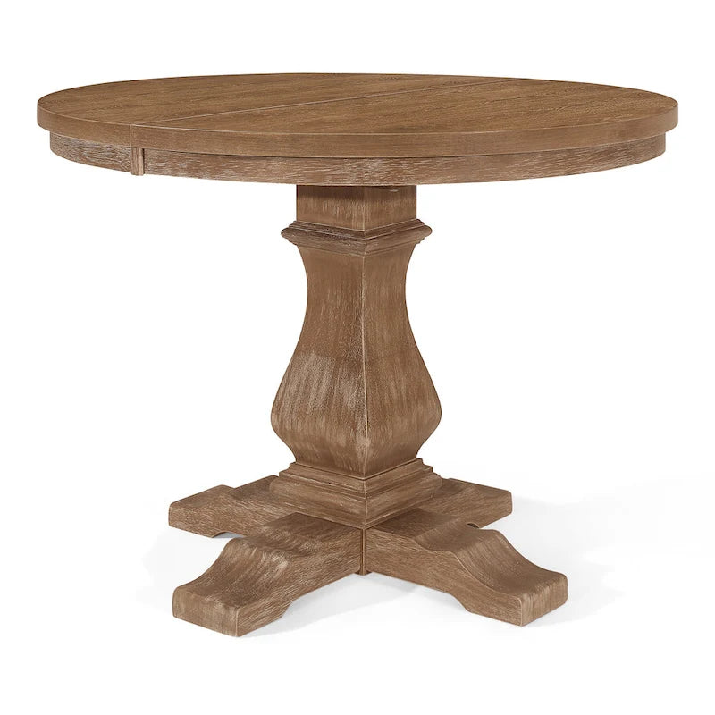 Juego de comedor redondo de 5 piezas de tela color beige natural y madera de caucho, para 4 personas