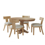 Juego de comedor redondo de 5 piezas de tela color beige natural y madera de caucho, para 4 personas