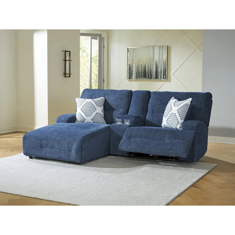 Seccional Reclinable Eléctrico de 3 Asientos de Poliéster Azul con Chaise
