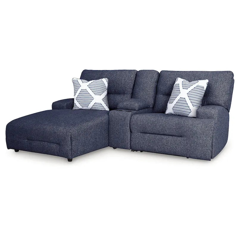 Seccional Reclinable Eléctrico de 3 Asientos de Poliéster Azul con Chaise