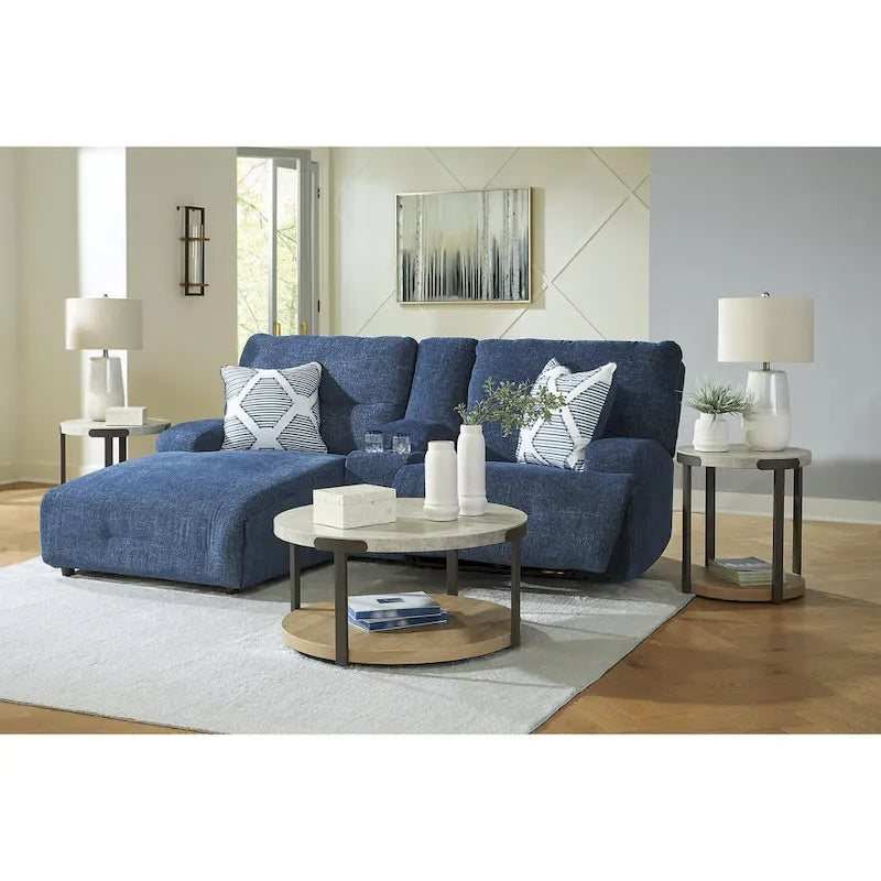 Seccional Reclinable Eléctrico de 3 Asientos de Poliéster Azul con Chaise