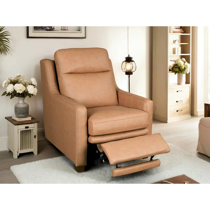 Sofá reclinable eléctrico de piel de grano superior, camel/almendra/carbón, trimotor, 3 plazas