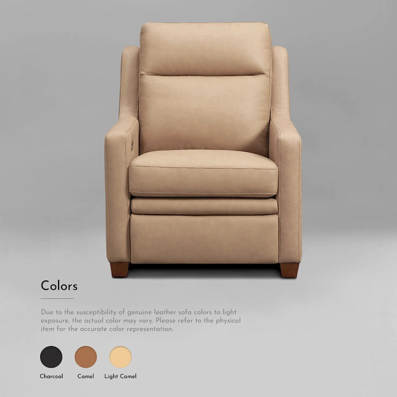 Sofá reclinable eléctrico de piel de grano superior, camel/almendra/carbón, trimotor, 3 plazas