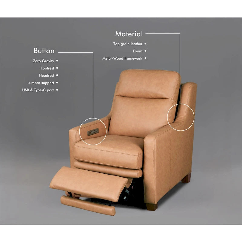 Sofá reclinable eléctrico de piel de grano superior, camel/almendra/carbón, trimotor, 3 plazas