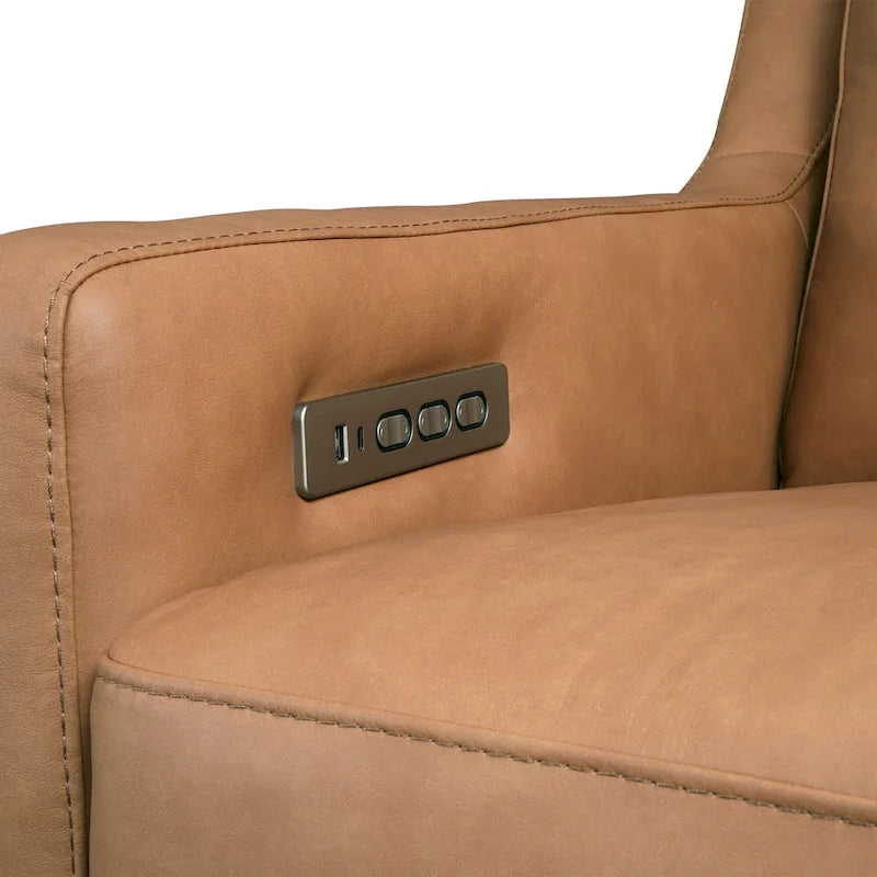 Sofá reclinable eléctrico de piel de grano superior, camel/almendra/carbón, trimotor, 3 plazas