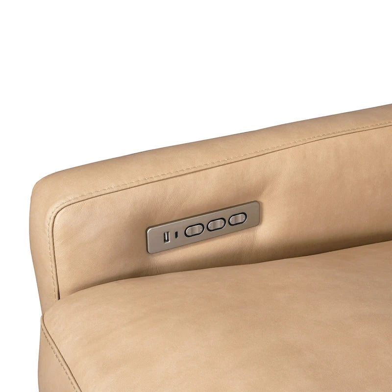 Sofá reclinable eléctrico de piel de grano superior, camel/almendra/carbón, trimotor, 3 plazas