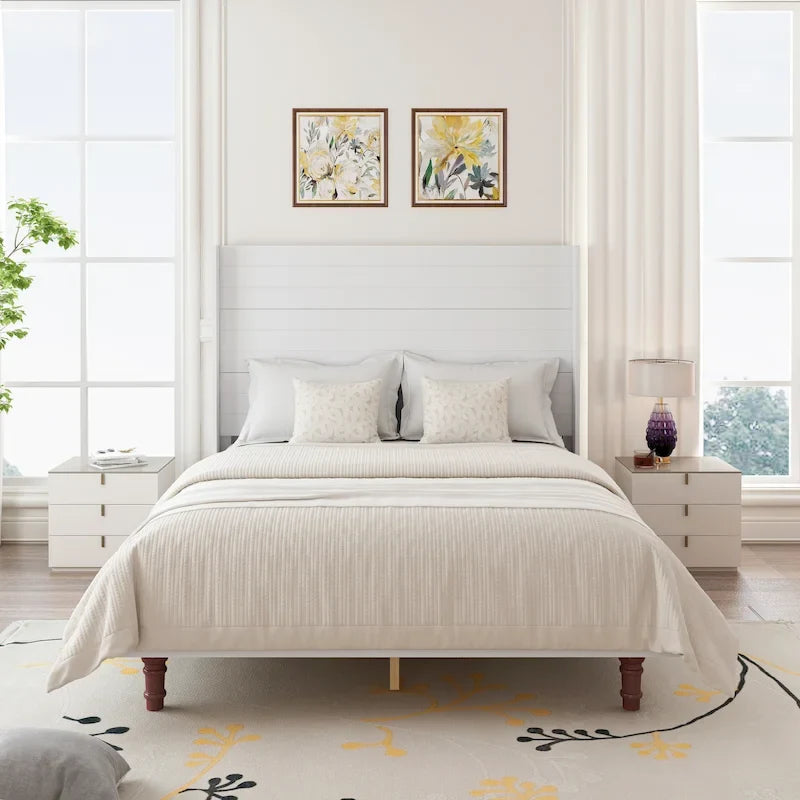 Cama Queen con Plataforma Blanco/Beige con Cabecero de 54" de Alto, 2 Personas