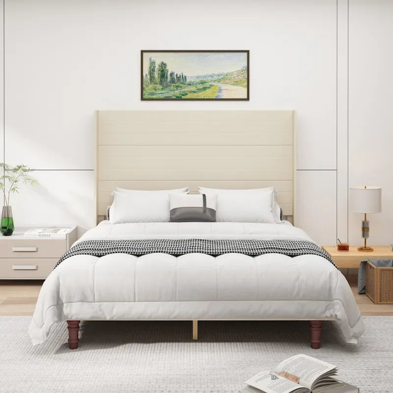 Cama Queen con Plataforma Blanco/Beige con Cabecero de 54" de Alto, 2 Personas