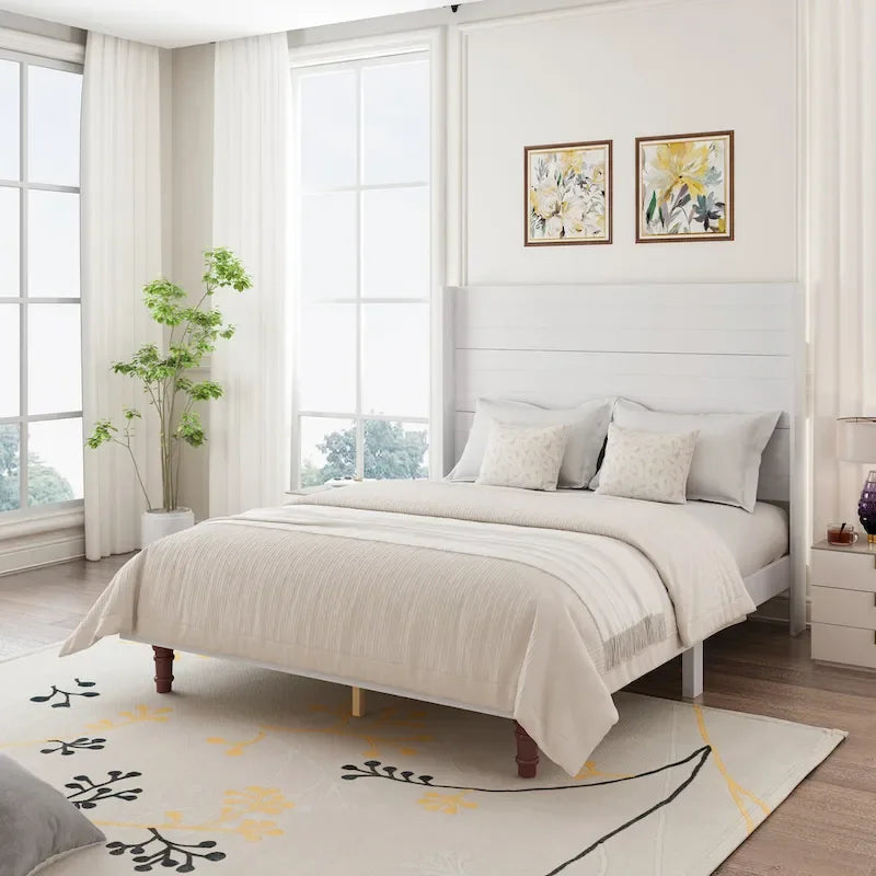 Cama Queen con Plataforma Blanco/Beige con Cabecero de 54" de Alto, 2 Personas