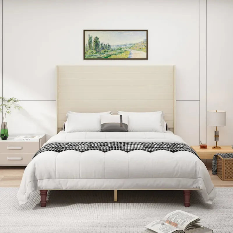 Cama Queen con Plataforma Blanco/Beige con Cabecero de 54" de Alto, 2 Personas