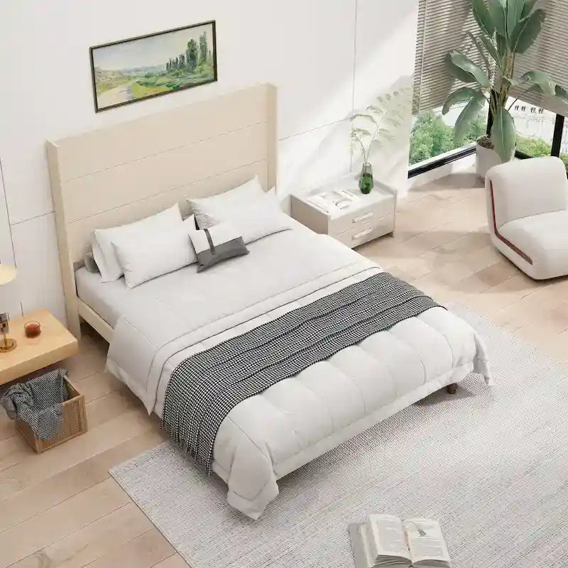 Cama Queen con Plataforma Blanco/Beige con Cabecero de 54" de Alto, 2 Personas