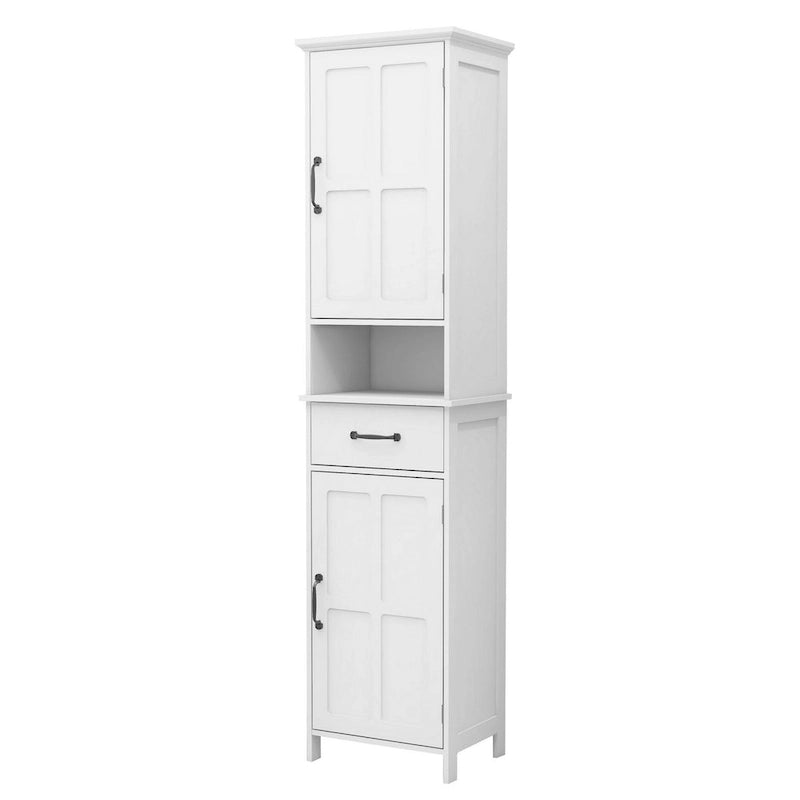 Gabinete de almacenamiento alto de 65" blanco y negro con estante abierto, puerta única