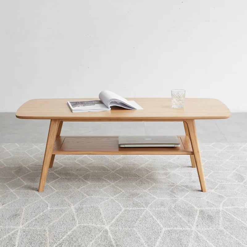 Mesa de centro de roble macizo de 2 niveles con estante de almacenamiento, natural/roble